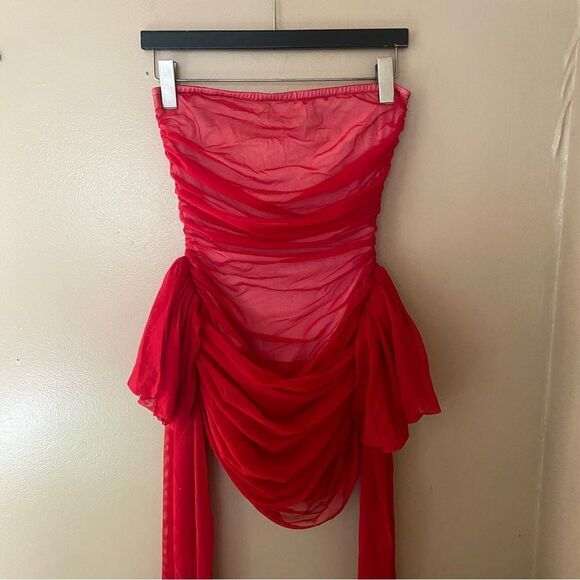 NWT Norma Kamali Strapless mini dress Bill Pickleball Bow Tiger Red Revolve XS - Picture 13 of 16